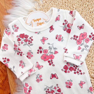  CONJ. DE MALHA 3 PEÇAS - Flores Bordadas e Gola Gripyr - Off White e Rose